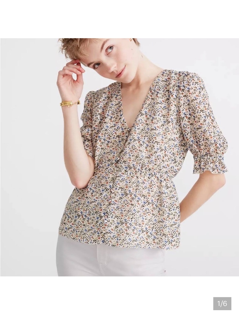 Madewell Beige Floral V-Neck Peplum Blouse